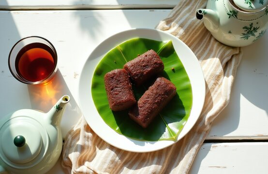 Three brown sweet chewy dodol snacks sit on green banana leaf. A glass of tea and two kettles are on table. Outdoor sun light casts shadows.