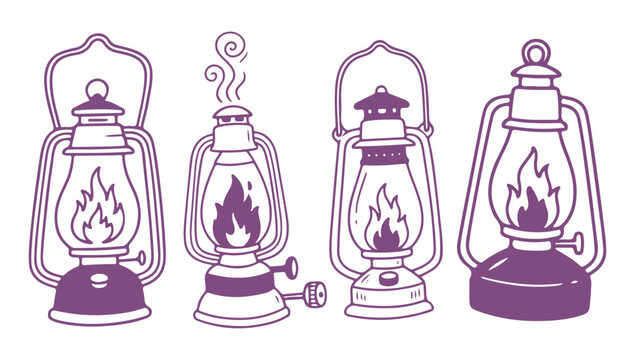 Vintage Kerosene Lantern and Oil Lamp Vector Illustration Set.
Rustic Antique Outdoor Lighting Elements with Flame for Camping, Adventure, and Retro Design Projects.