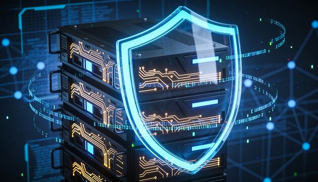 
Futuristic server rack protected by a transparent digital shield, cybersecurity network defense concept illustrating data encryption, antivirus protection and online safety technology