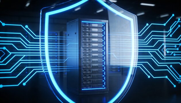 
Futuristic server rack protected by a transparent digital shield, cybersecurity network defense concept illustrating data encryption, antivirus protection and online safety technology