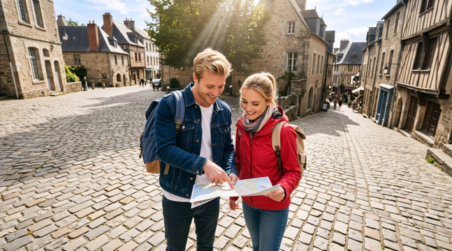 Young couple looking at a paper map on a cobblestone street. Tourists navigating an old European town. Travel and sightseeing concept. Man and woman with backpacks exploring historic village