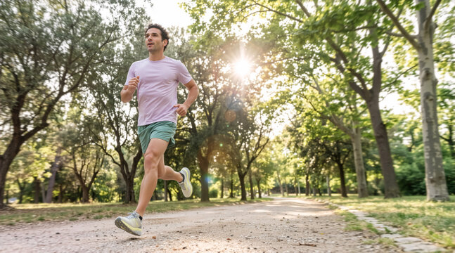 Man jogging on a path in a sunlit park. Athletic male runner exercising outdoors. Fitness and healthy lifestyle concept. Wide shot of a person running through a tree-lined forest trail