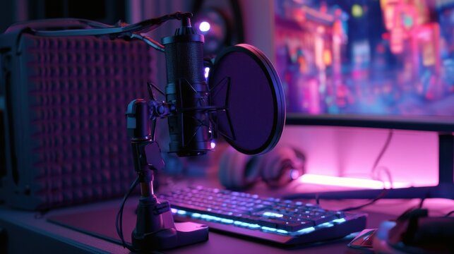 Neonlit streaming desk with microphone, RGB backlit keyboard, condenser mic with pop filter, headphones on stand, audio interface, blurred cityscape on monitor, purplepink ambient glow, creator