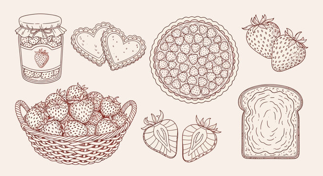 Strawberry icons, fruit illustrations, breakfast elements, heart shapes, toast and jam vector set