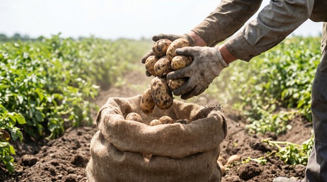 Farmer hands filling a rustic burlap sack with freshly harvested dirty potatoes in a field