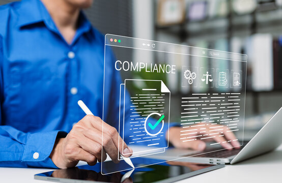 Compliance document approval and regulatory audit workflow concept. Businessman using laptop with verified, checkmark, legal icon, checklist, policy review, quality control, certificate, certification
