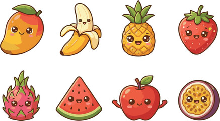 Fototapeta premium Cute Kawaii Fruits Characters with Faces Vector Illustration Set