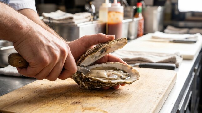 Chef using a short pointed knife to pry open a fresh raw oyster shell on a wooden cutting board