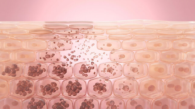 Close view of skin cell layer with melanin granule deposit inside epidermal cell structure