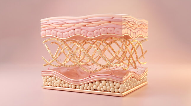 Side view skin anatomy block showing layered epidermis collagen fiber network and fat cell