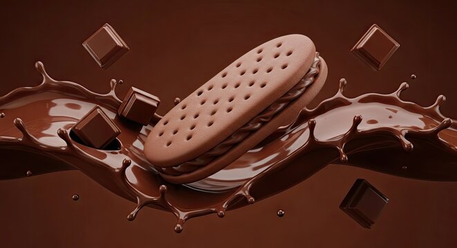 Chocolate ice cream sandwich floats amidst melting chocolate splashes and cubes.