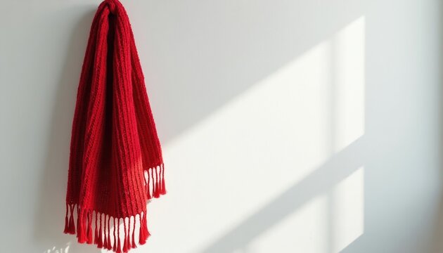 Red knitted scarf with fringes hangs on a white wall. Sunlight creates geometric shadows on the surface. This accessory provides warmth and style.
