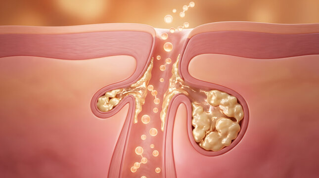 3D medical illustration of pore opening showing sebum secretion and bubble rising upward