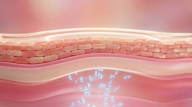3D medical illustration of skin barrier layer with molecule particle absorbing into skin below