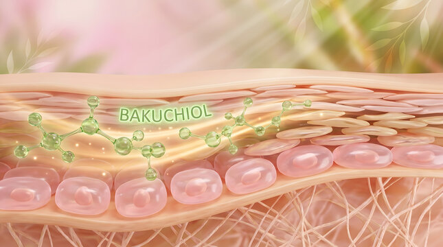 3D medical illustration showing bakuchiol molecule structure penetrating skin cell layer below
