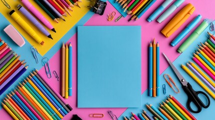 Fototapeta premium Colorful back to school flat lay composition featuring vibrant pencils, markers, paper clips, scissors, and stationery arranged around a blank pastel paper on a bright multicolor background. 