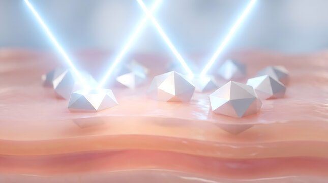 White polyhedral crystal particle on glowing skin surface with crossing laser beam