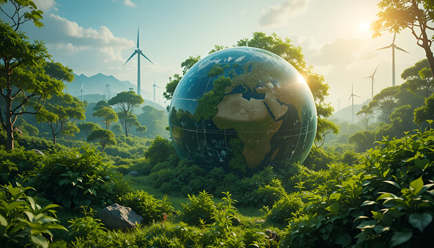 Earth globe rests within a thriving green valley surrounded by renewable wind turbines that symbolize a global commitment to clean energy and the preservation of our natural wild ecosystems.