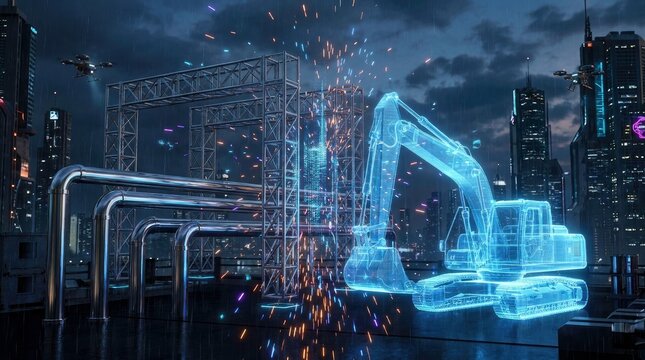 Futuristic Construction Site with Holographic Excavator and Cityscape