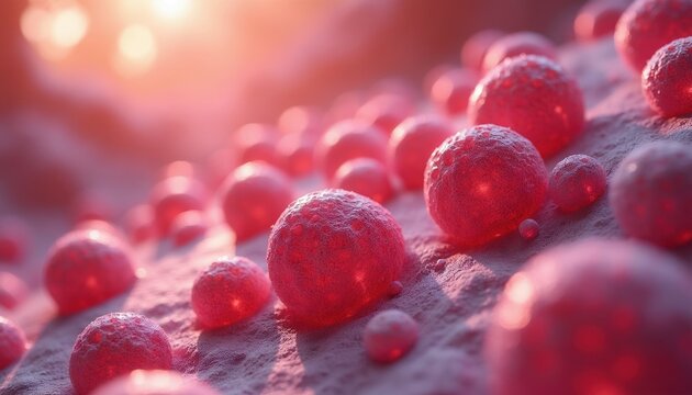 Microscopic view of skin cells affected by erythema multiforme. Red inflamed bumps with textured surfaces spread across pinkish surface. Medical science illustration shows cellular reaction, disease