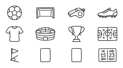 Soccer and football line icons set, ball, goal, whistle, cleat shoe, jersey shirt, stadium arena, trophy cup, tactics board, corner flag, referee cards, vector illustration on transparent background © Maksym