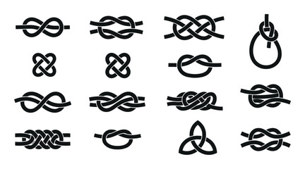 Celtic knot collection, infinity symbols, interlaced rope loops, ornamental braid icons, medieval woven knotwork set, black vector illustration isolated on transparent background © Maksym