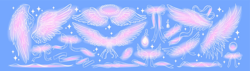Set of cute angel wings bows ribbons and pearls in pink white outline on blue background, dreamy coquette aesthetic vector illustration collection © Alina Kolyuka
