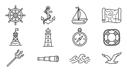 Nautical marine outline icon set with ship wheel, anchor, sailboat, treasure map, buoy, lighthouse, compass, lifebuoy, trident, telescope, waves and seagull illustration on transparent background © Maksym