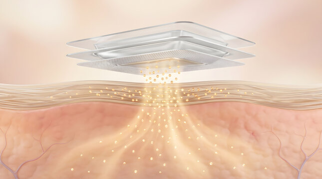 Medical device emitting golden particle beam penetrating into layered skin tissue below