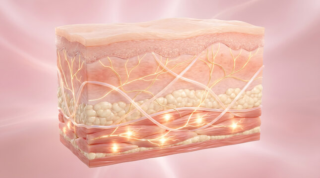 Skin layer cross section cube with glowing collagen fiber fat cell and muscle layer detail
