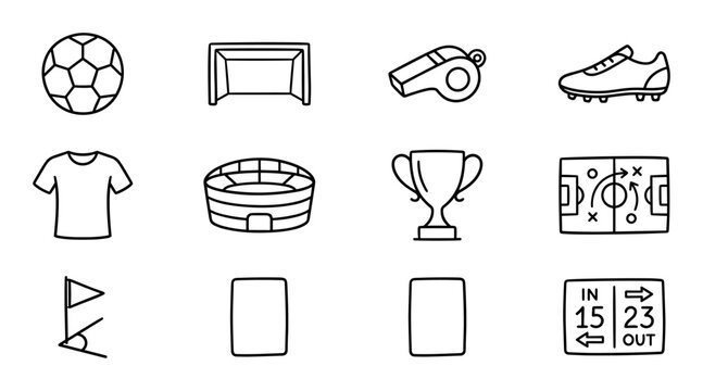 Soccer and football line icons set, ball, goal, whistle, cleat shoe, jersey shirt, stadium arena, trophy cup, tactics board, corner flag, referee cards, vector illustration on transparent background