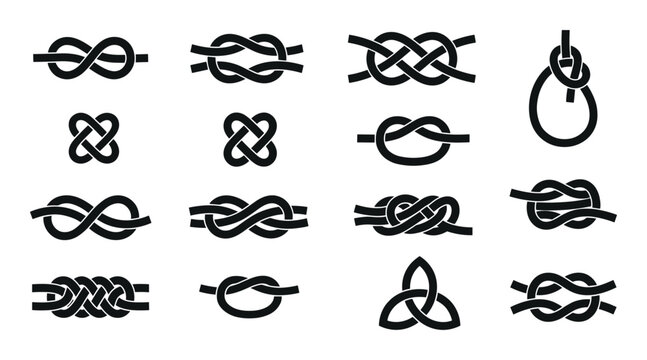 Celtic knot collection, infinity symbols, interlaced rope loops, ornamental braid icons, medieval woven knotwork set, black vector illustration isolated on transparent background