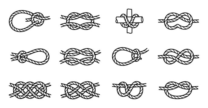 Vector rope knot collection illustration, bowline, square, clove hitch, overhand, loop, fisherman knot, slip knot, figure eight, decorative weave, nautical symbols, camping on transparent background