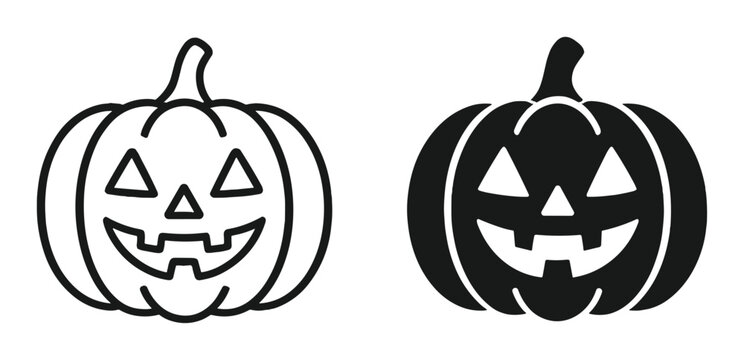 Halloween pumpkin icons set, jack o lantern outline and solid silhouette illustrations, carved smiling squash faces, spooky holiday clipart symbols, black design elements on transparent background