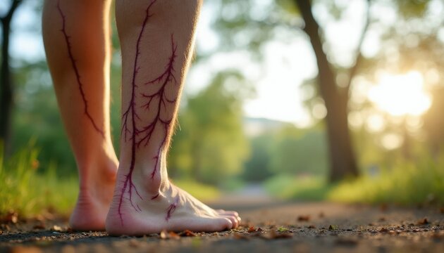 Person legs show prominent spider veins against a blurred natural backdrop. The visible vascular condition suggests health concerns or aging. Sunny day lighting highlights the skin detail.