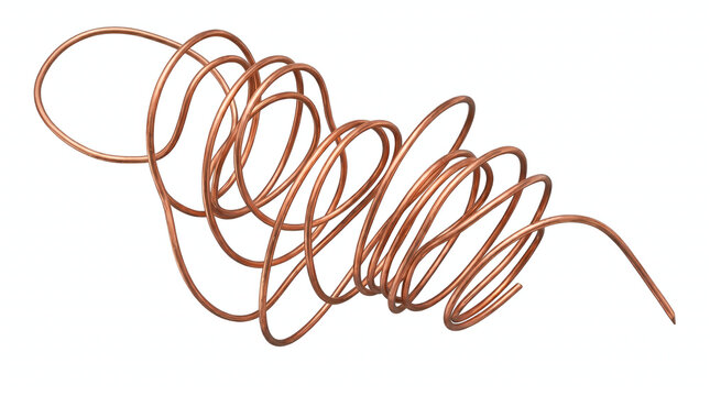 Dynamic abstract form created by a flexible copper wire, loosely coiled and spiraled against a clean white backdrop, showcasing its metallic sheen and intricate curves