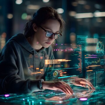 Innovative Software Developer Analysis Holographic Code Interface for Application Development in Modern Technology Industry