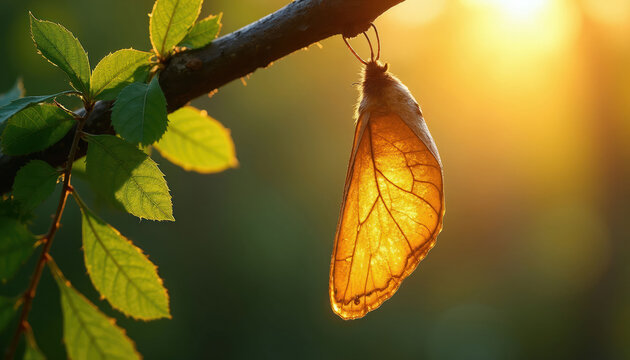 Golden butterfly chrysalis hangs from tree branch, backlit by warm sunset sun. Waiting for metamorphosis, new life begins soon. Nature, insect, transformation, future.