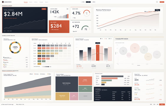 Professional business dashboard interface with financial charts, data analytics, and performance statistics. Modern UI, UX template for web admin panel, marketing reports, management. Vector dashboard