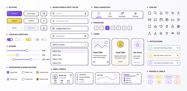 Minimal Light UI Kit Components and Icon Set. Clean interface design system with buttons, input fields, tabs, cards, notifications, icons, sliders, badges for web and mobile apps. Vector UI collection