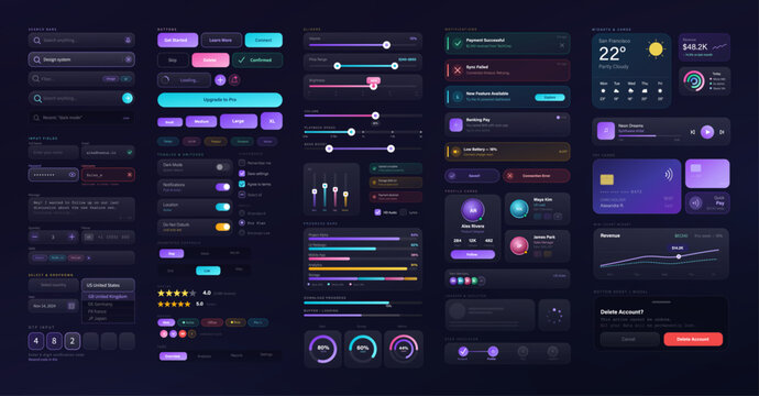 Comprehensive UI, UX, Kit graphic set for Mobile Phone App or Dashboard, website. Modern dark interface with search bars, buttons, sliders, widgets, charts and other. Vector UI, UX, Kit set for App
