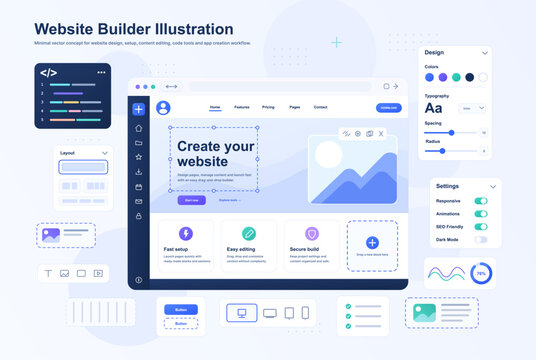 Loading page mockup of a website builder interface. Concept for web design, development workflow, and content management system with various UI, UX, Kit elements, editing tools. Vector illustration