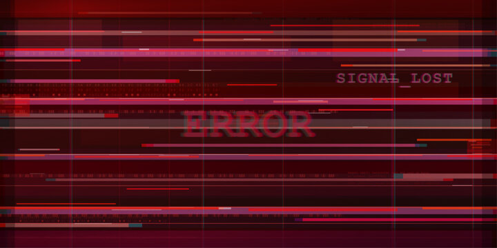 Red Glitch Error Screen With Signal Lost Warning. Abstract red digital error background with glitch lines, corrupted data, signal lost warning and system failure aesthetic. Vector graphic background