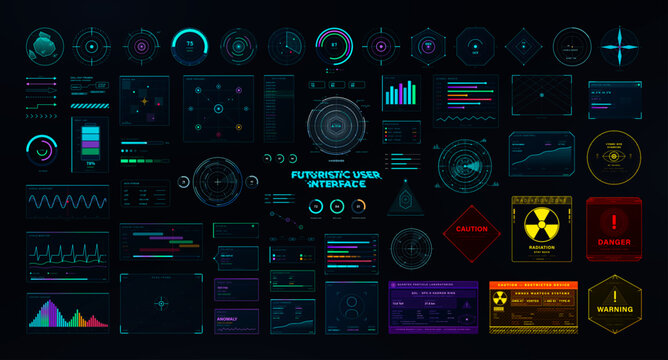Head-Up Display elements, Futuristic User Interface graphic box. HUD, UI collection with circle holograms, Sci-fi UI panels, radar, charts, warning signs. HUD graphic box in cyberpunk style. Vector