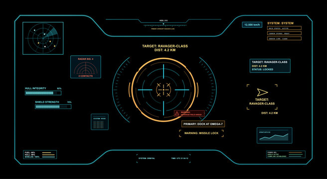 Futuristic Spaceship HUD Targeting Interface. Sci-fi cockpit display with neon radar, targeting reticle, missile lock warning, ship status panels and tactical space navigation data. Vector HUD, VR