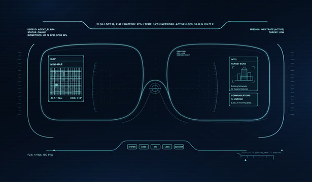 Futuristic AR Glasses HUD Interface With Mission Data. Sci-fi augmented reality glasses display with cyan HUD overlay, mini map, biometrics, target scan, mission status. Vector Cyberpunk helmet art