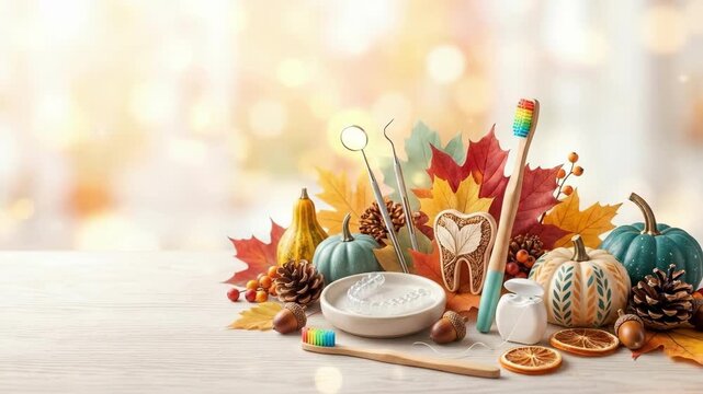 Autumn dental tools with pumpkins and leaves on wooden table. Seasonal oral hygiene setup for fall holidays like Halloween and Thanksgiving. Tooth model, toothbrushes and floss in festive arrangement