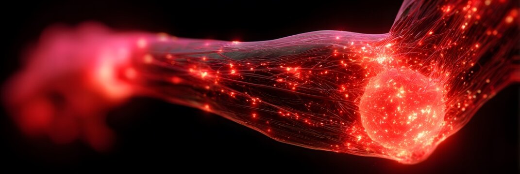 Human Arm Anatomy Study with Glowing Red Inflammation Area in the Elbow Joint Area for Medical Visualization of Joint Pain and Sports Injury Analysis  in Healthcare Industry