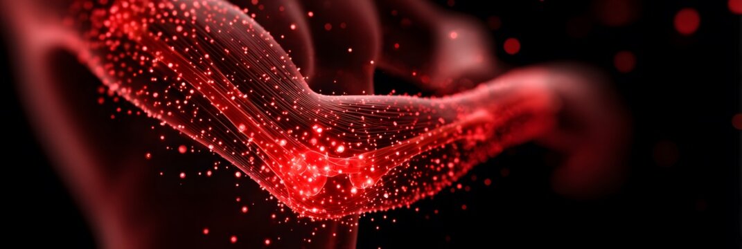 Digital Anatomical Rendering of Human Arm and Elbow Joint with Glowing Red Pain Hotspots and Nerve Fiber Visualization for Orthopedic Analysis  in Medical Field