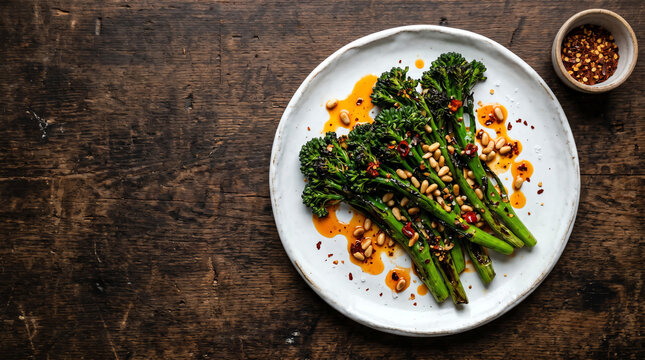 White ceramic plate of charred broccolini stems drizzled with chilli oil and pine nuts with small ramekin of chilli flakes on rustic dark wood table top-down